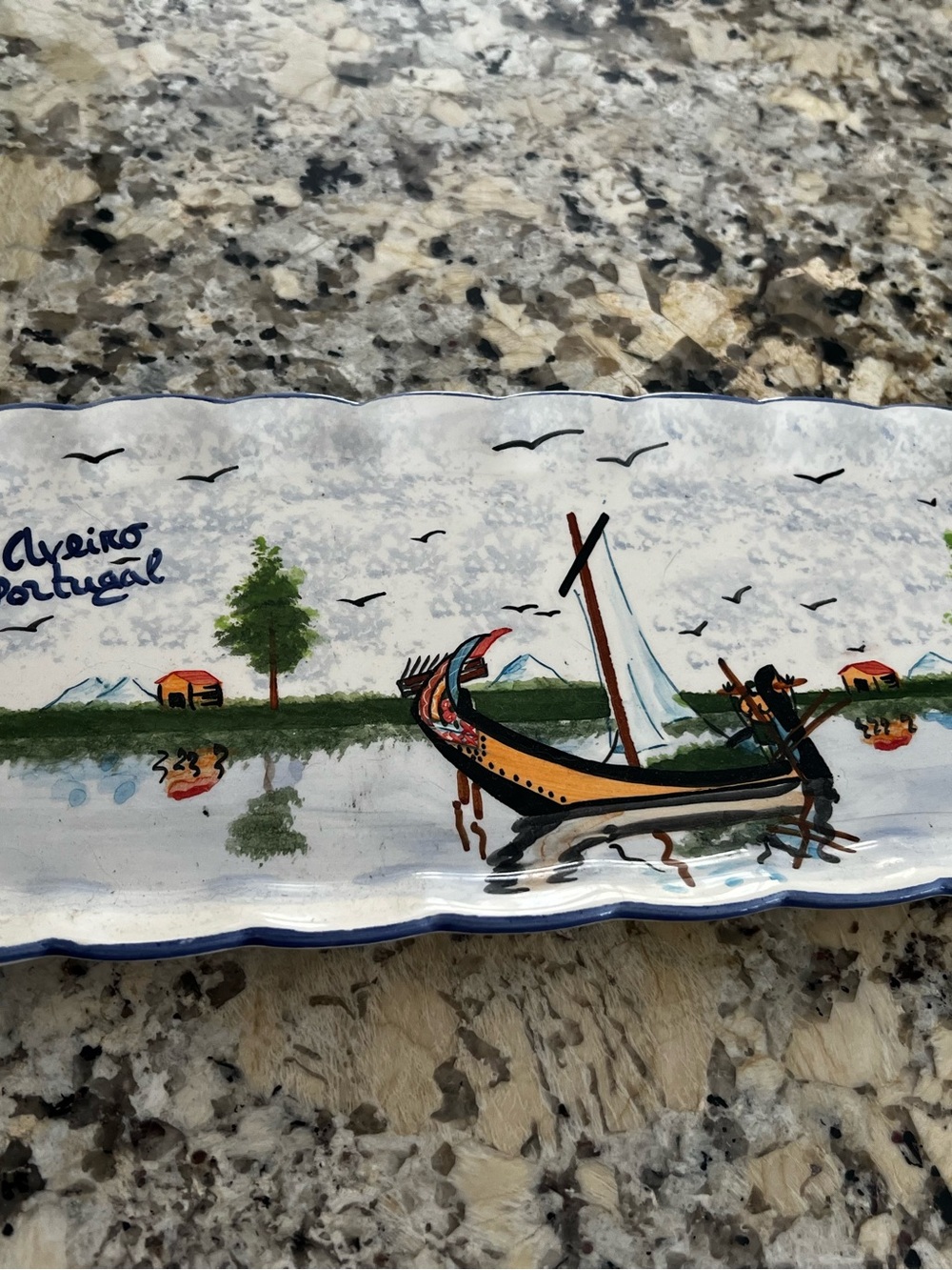 Hand-Painted Portuguese Boat Ceramic Serving Tray Platter White, Blue, Green